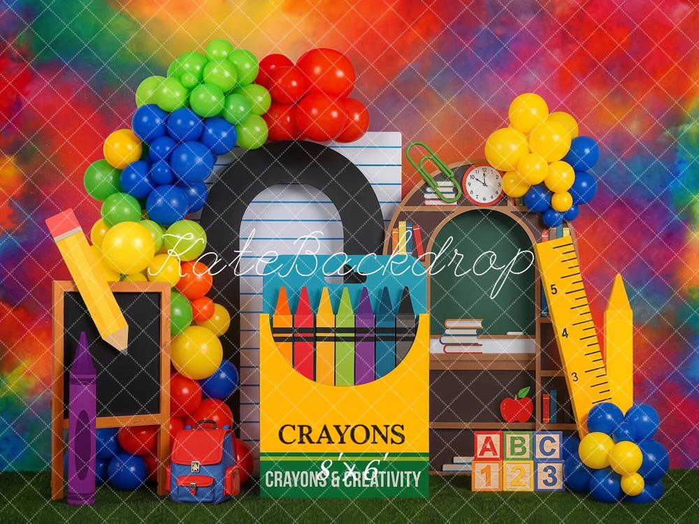 Kate Back to School Rainbow Crayons Balloons Chalkboard Ruler Printed Backdrop Designed by Emetselch