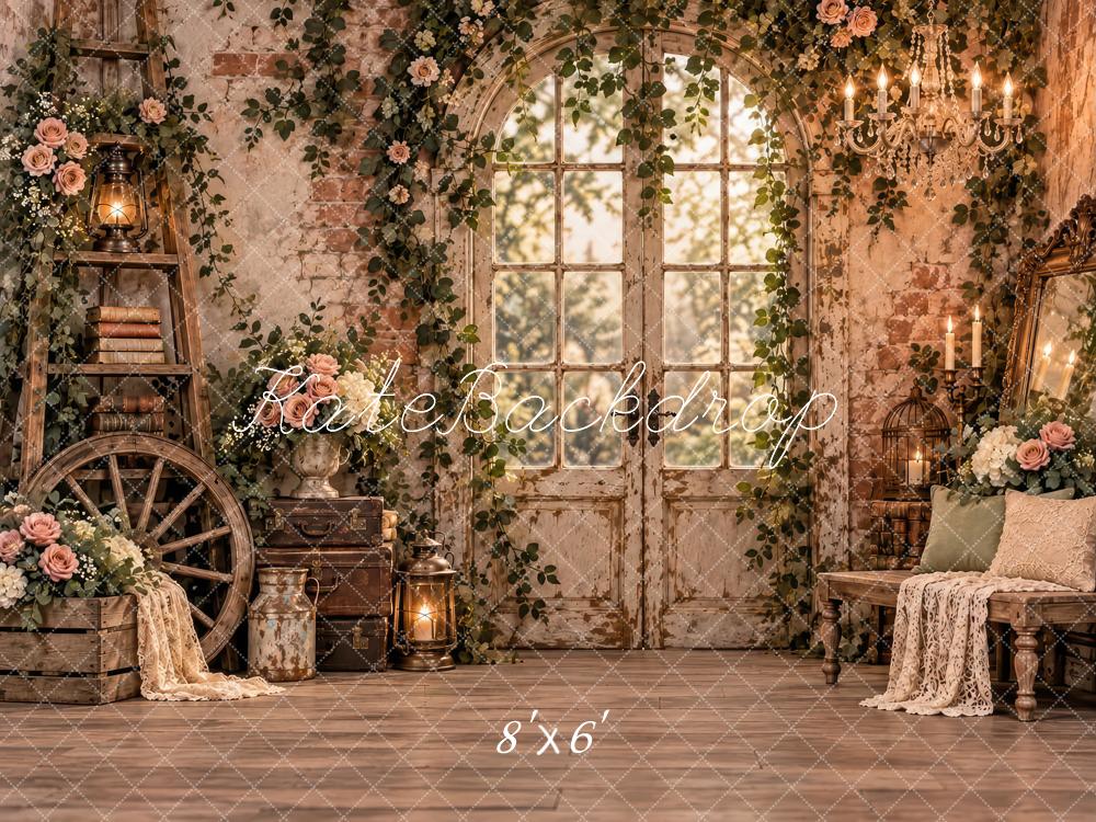 Kate Spring Brown Vintage Floral Brick Wall French Door Printed Backdrop Designed by Laura Bybee