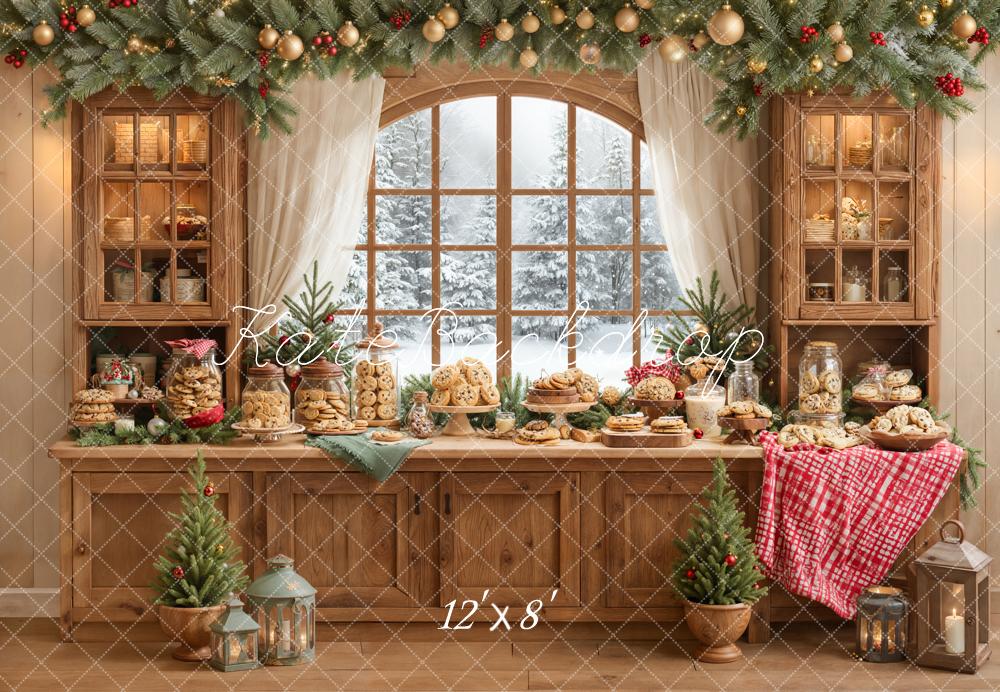 Kate Christmas Kitchen Cookie Wooden Cabinet Pine Garland Window Backdrop Designed by Emetselch
