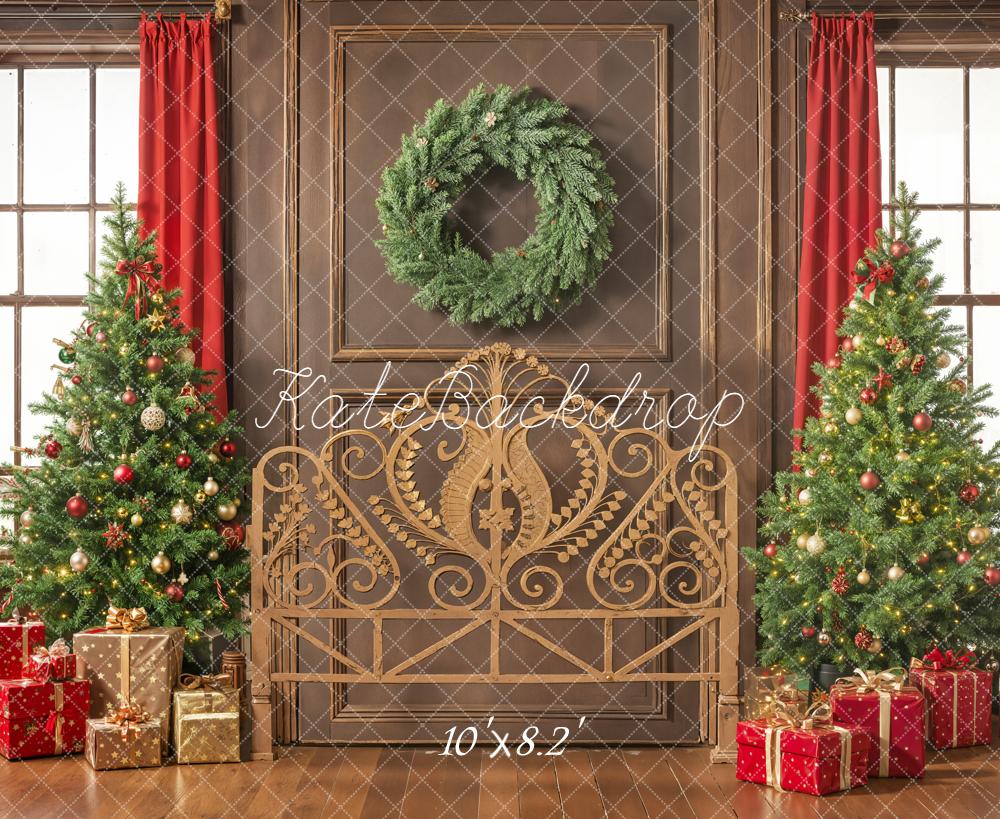 Kate Christmas Headboard Trees Wreath Gifts Red Curtains Printed Backdrop Designed by Emetselch