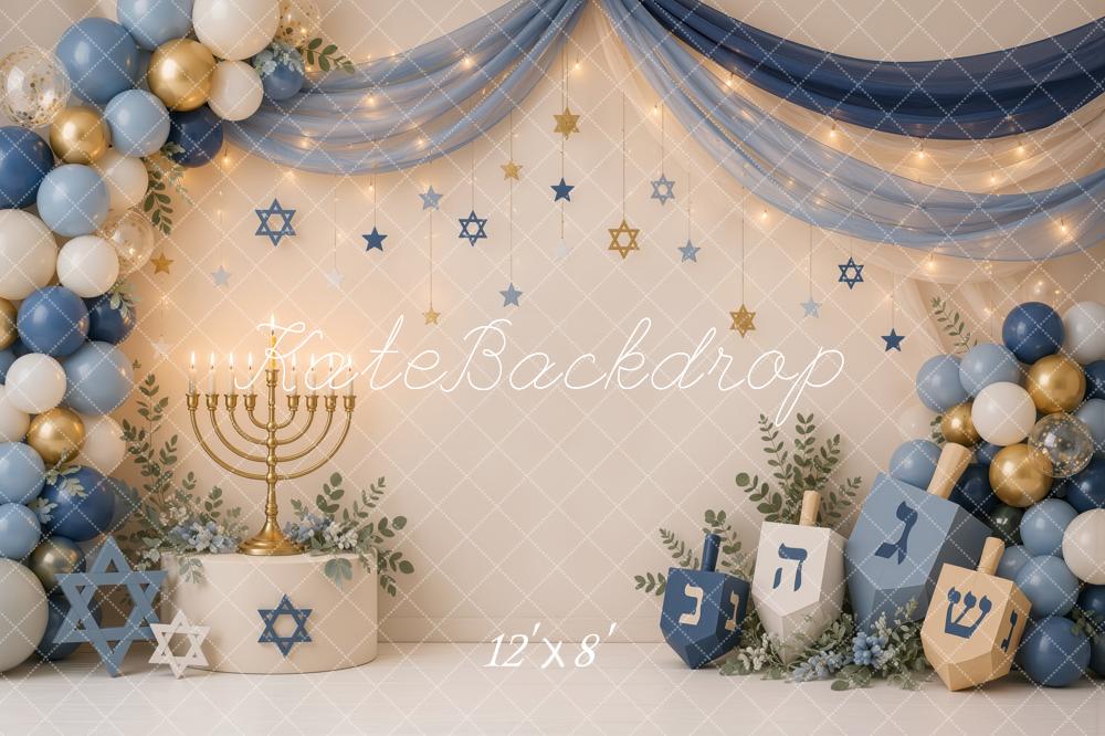 Kate Hanukkah Menorah Dreidel Star of David Balloons Drapes Printed Backdrop Designed by Ashley Ward