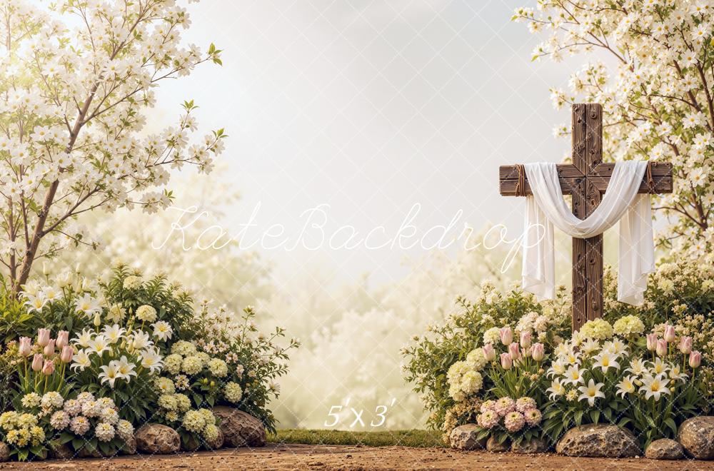 Kate Easter Cross Floral  Garden Draped Fabric Printed Backdrop Designed by Shutter Swan Studios
