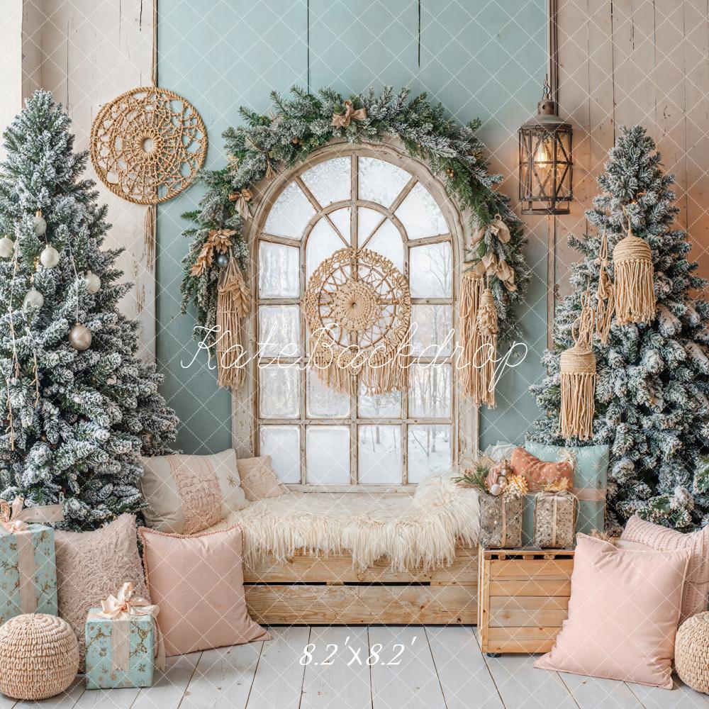Kate Christmas Boho Arched Window Snowy Trees Pastel Backdrop Designed by Emetselch