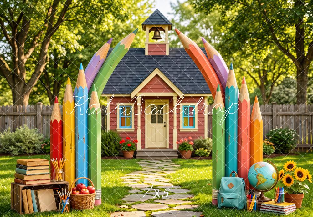 Kate Back To School Colored Pencils Schoolhouse Printed Backdrop Designed by Patty Roberts