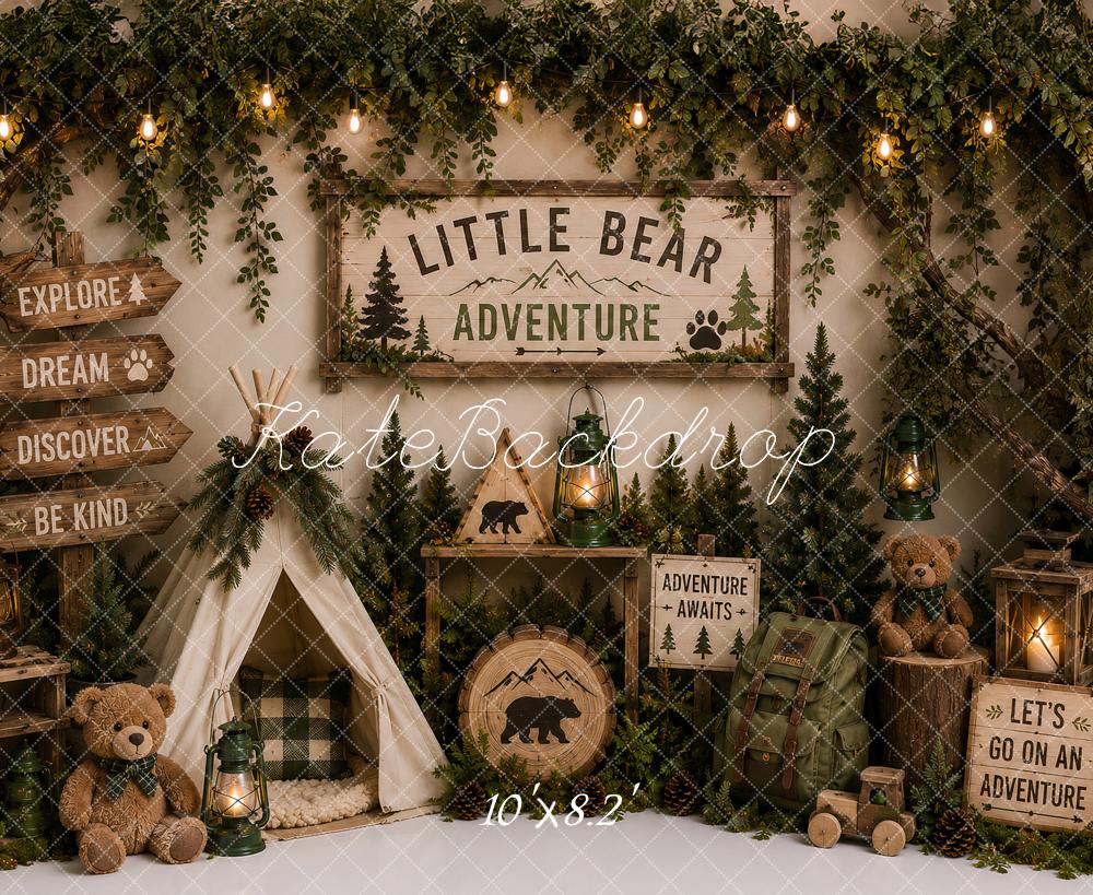 Kate Kids Birthday Forest Adventure Camping Teepee Bear Printed Backdrop Designed by Ashley Paul