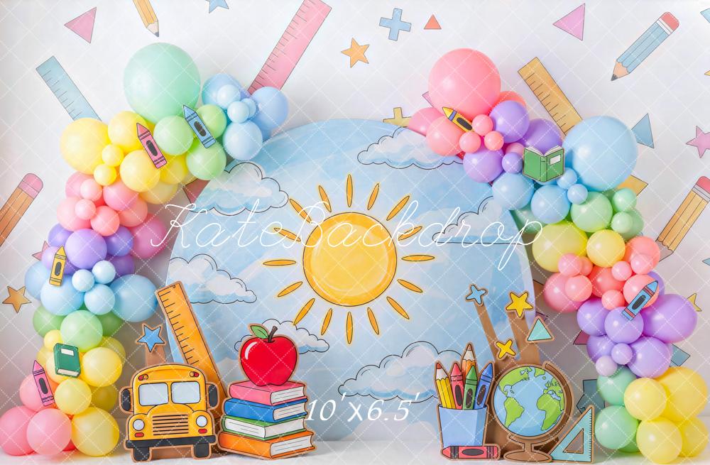 Kate Back To School Colorful Balloon Arch School Supplies Printed Backdrop Designed by Mini MakeBelieve