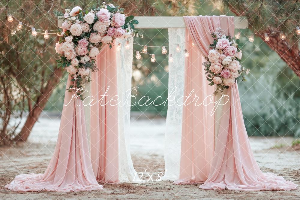Kate Spring Wedding Flower Arch Pink Drapes String Lights Printed Backdrop Designed by Angela Miller