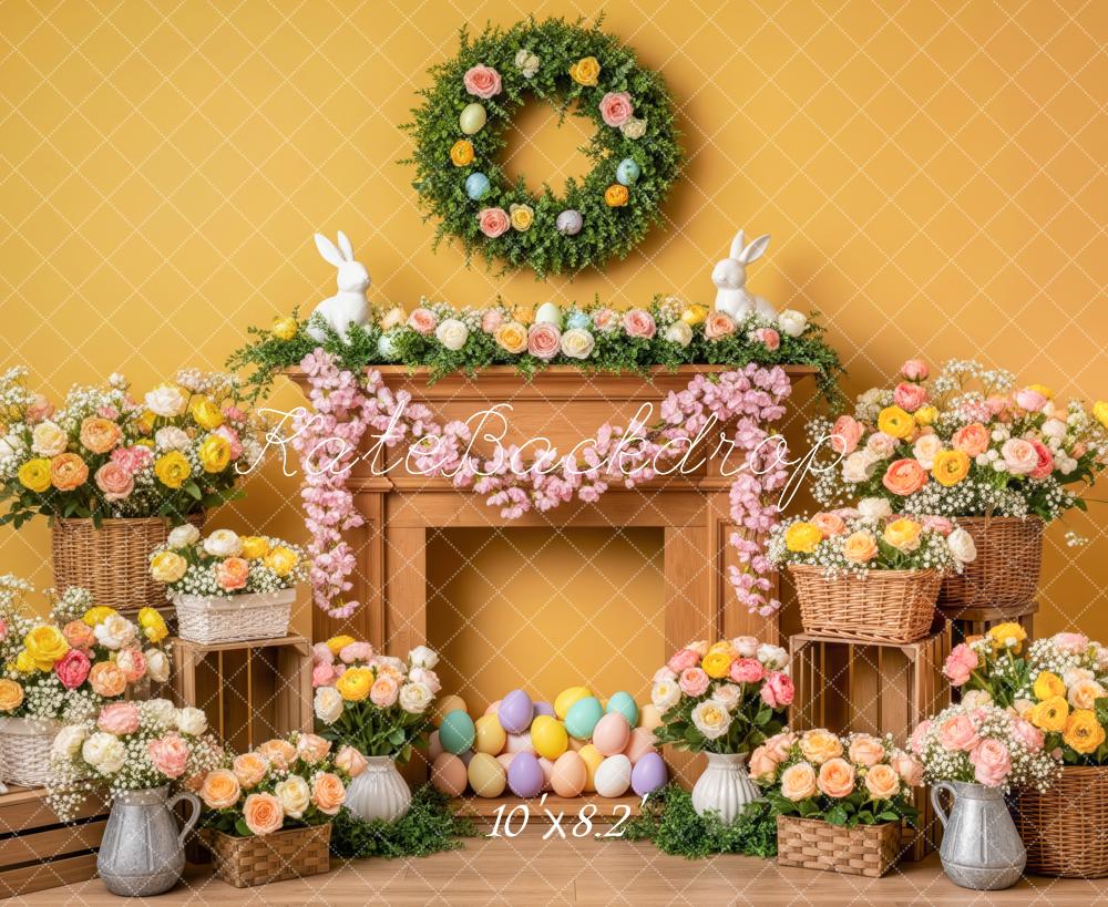 Kate Easter Bunny Fireplace Floral Eggs Yellow Backdrop Designed by Patty Roberts