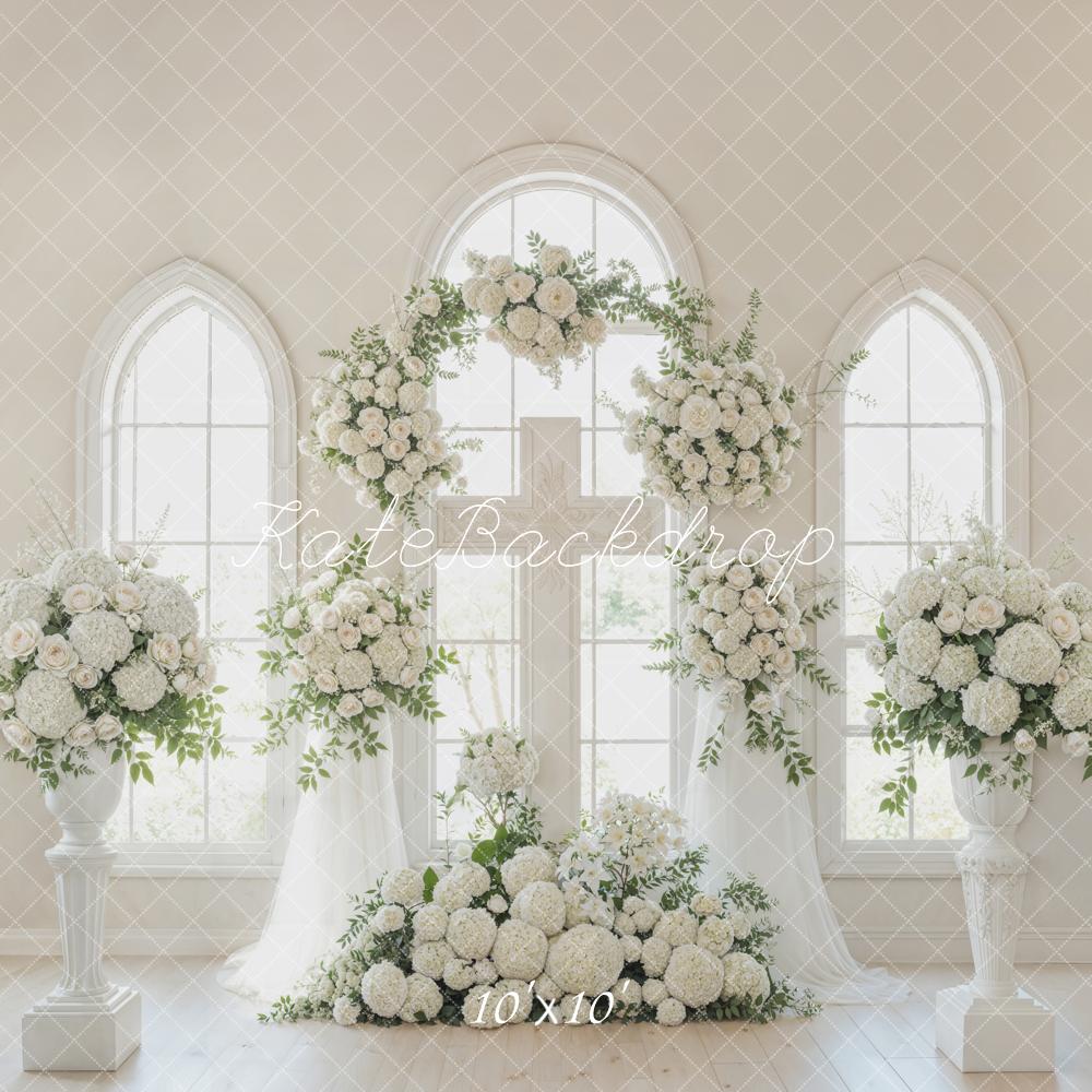 Kate Romantic Church White Flower Arch Cross Windows Printed Backdrop Designed by Emetselch