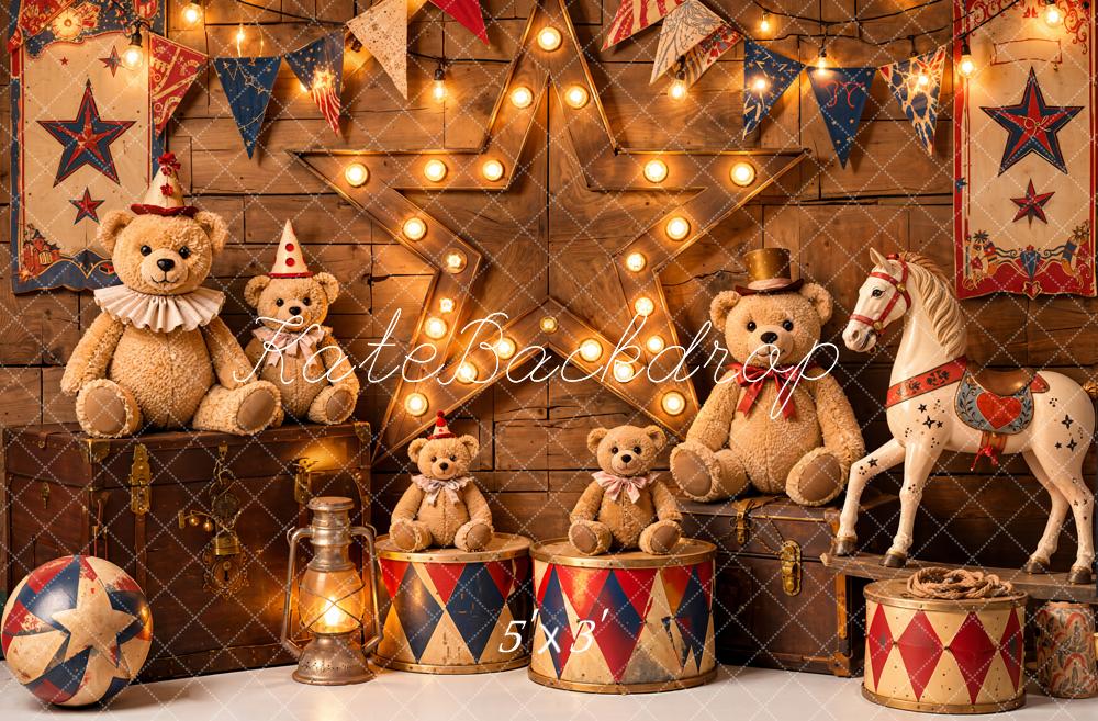 Kate Circus Teddy Bears Rocking Horse Carousel Wood Printed Backdrop Designed by Emetselch
