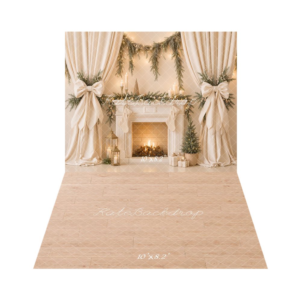 Kate Christmas Beige Fireplace Drapes Bow Garland Printed Backdrop+Light Wood Floor Printed Backdrop
