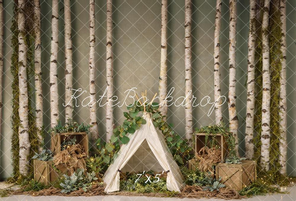 Kate Camping Forest Birch Trees Crates Teepee Printed Backdrop Designed by Mandy Ringe Photography