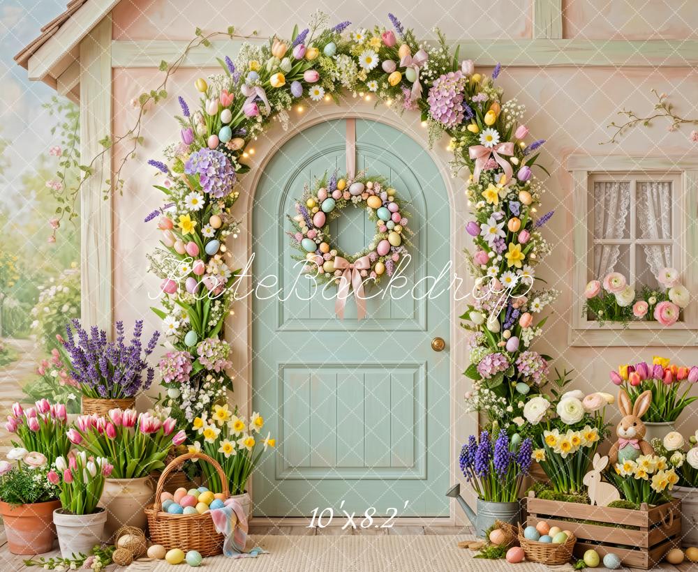 Kate Easter Bunny Flower Arch Tulips Pastel Doorway Printed Backdrop Designed by Patty Roberts