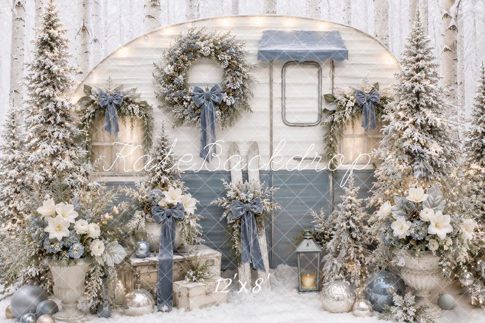 Kate Christmas Snowy Blue Camper Bow Wreaths Printed Backdrop Designed by Ashley Paul