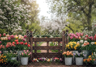 Kate Spring Floral Gate Tulips and Flowers Garden Printed Backdrop Designed by Mini MakeBelieve