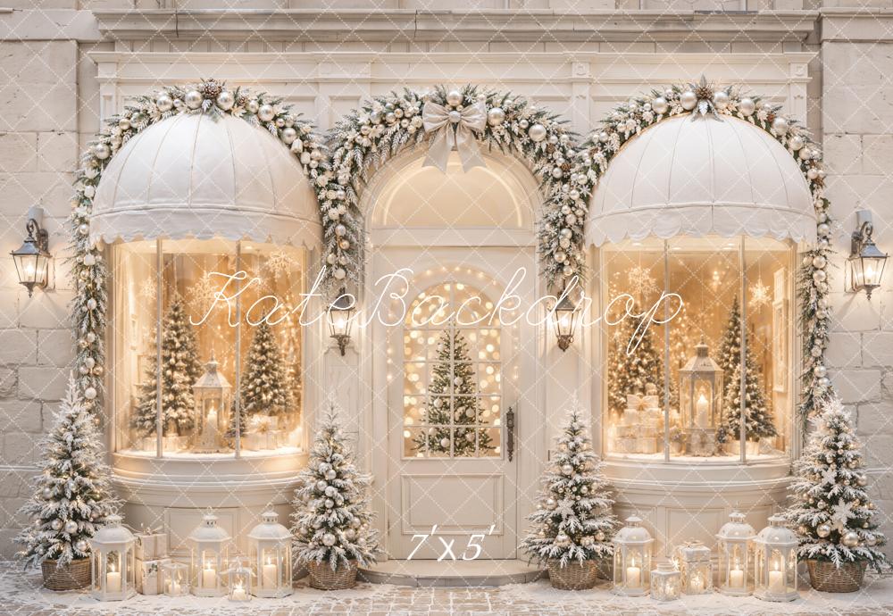 Kate Christmas Shop Arched Window Garland Snowy Trees Printed Backdrop Designed by Emetselch