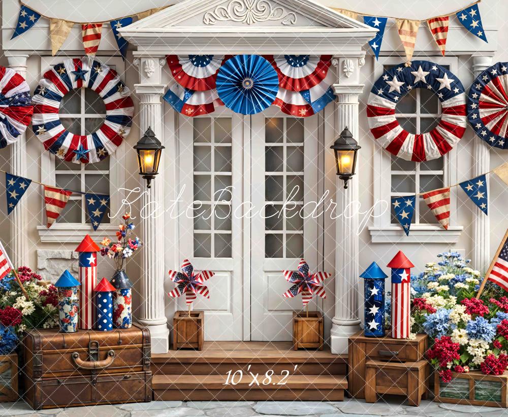 Kate Independence Day Porch Bunting Fireworks American Flags Flowers Printed Backdrop Designed by Mini MakeBelieve