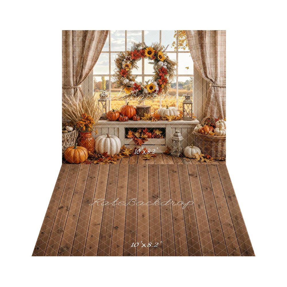 Kate Fall Rustic Pumpkin Wreath Window Printed Backdrop+Brown Wooden Plank Retro Floor Printed Backdrop