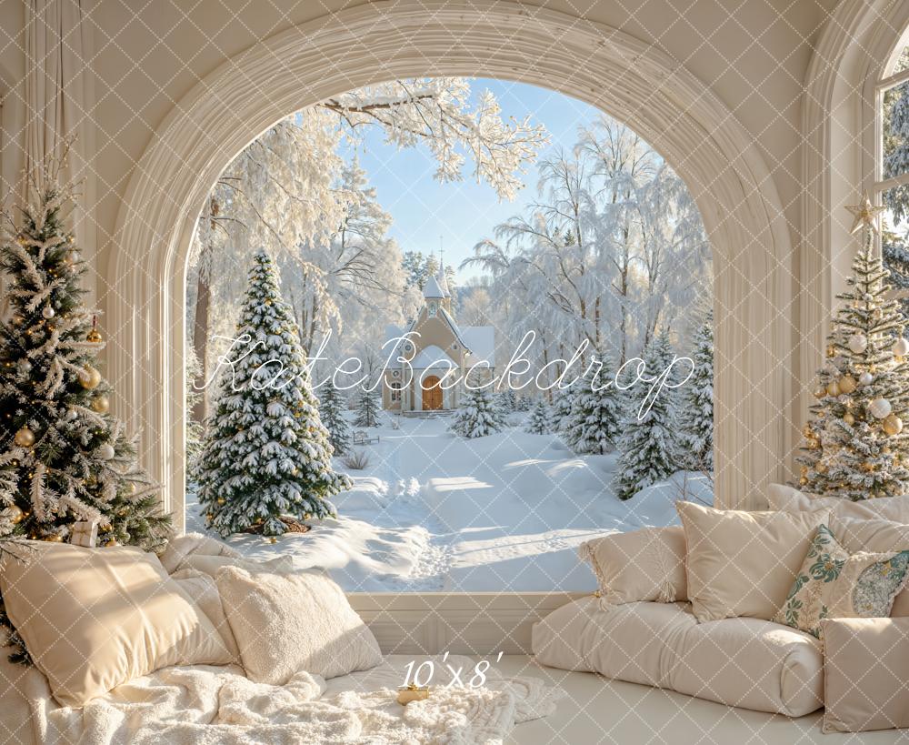 Kate Christmas Arch Snowy Window Tree Cottage Backdrop Designed by Emetselch