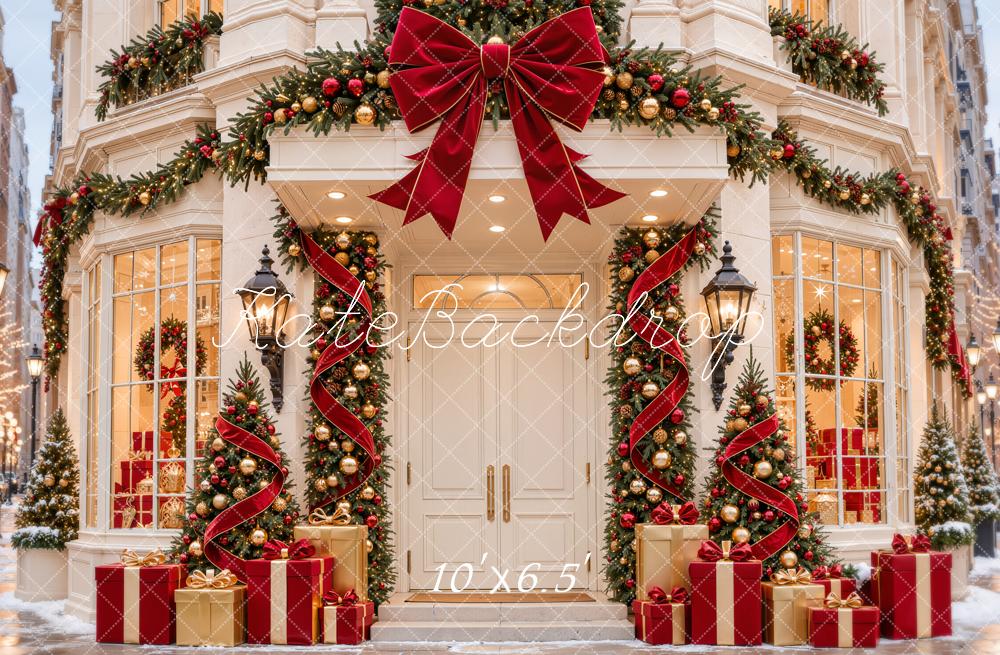 Kate Christmas Red Storefront Garland Bow Gift Boxes Printed Backdrop Designed by Emetselch