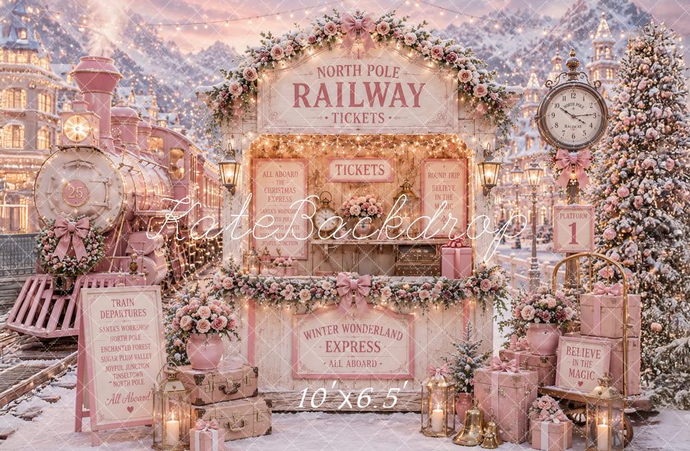 Kate Christmas Polar Train Tickets Pink Railway Snowy Printed Backdrop Designed by Ashley Paul