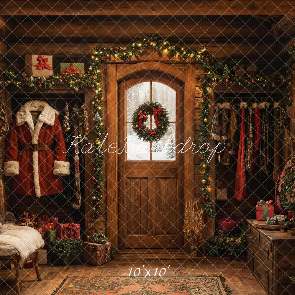 Fondo de puerta rústica de cabaña de Santa Claus de Navidad diseñado por Emetselch