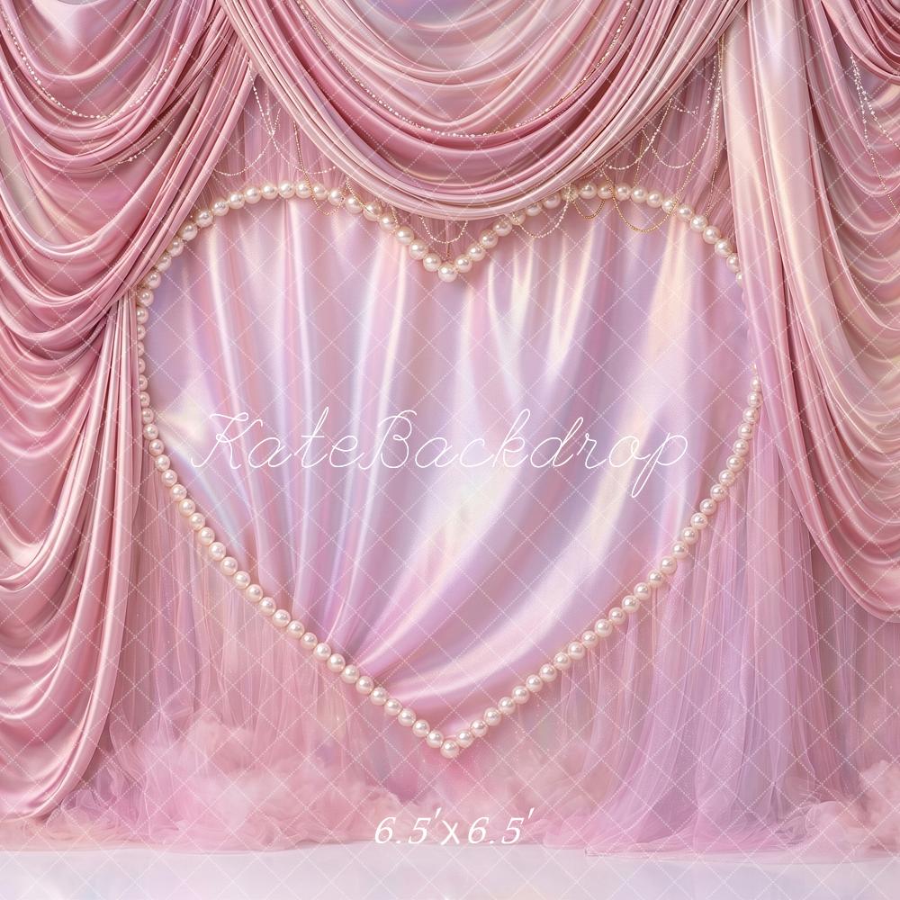 Kate Valentines Romantic Pink Drapes Pearl Heart Printed Backdrop Printed Backdrop Designed by Angela Miller