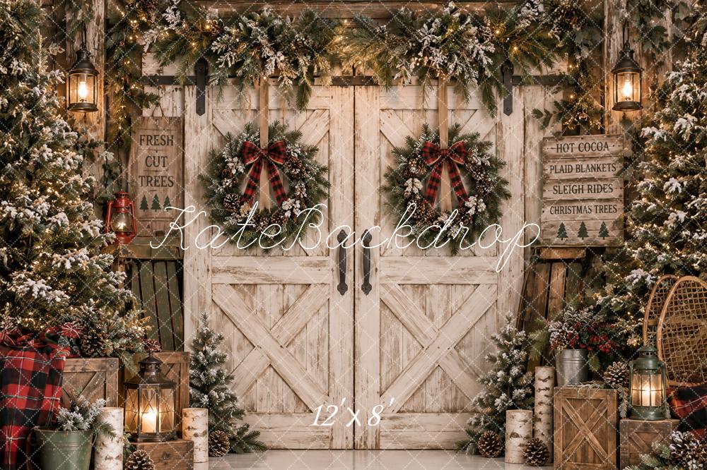 Kate Christmas Rustic Barn Doors Lodge Evergreen Wreaths Printed Backdrop Designed by Ashley Paul
