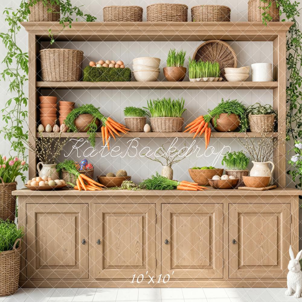 Kate Easter Bunny Shelf Carrots Eggs Plants Cabinet Printed Backdrop Designed by Patty Roberts