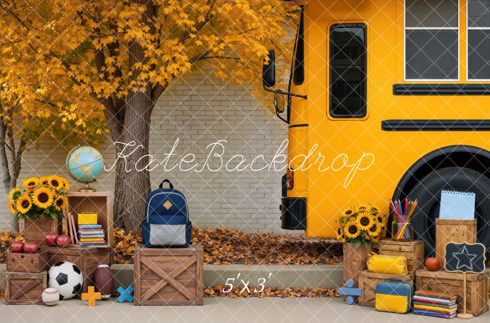 Kate Back To School Bus Maple Tree Backpack Soccer Ball Printed Backdrop Designed by Mini MakeBelieve