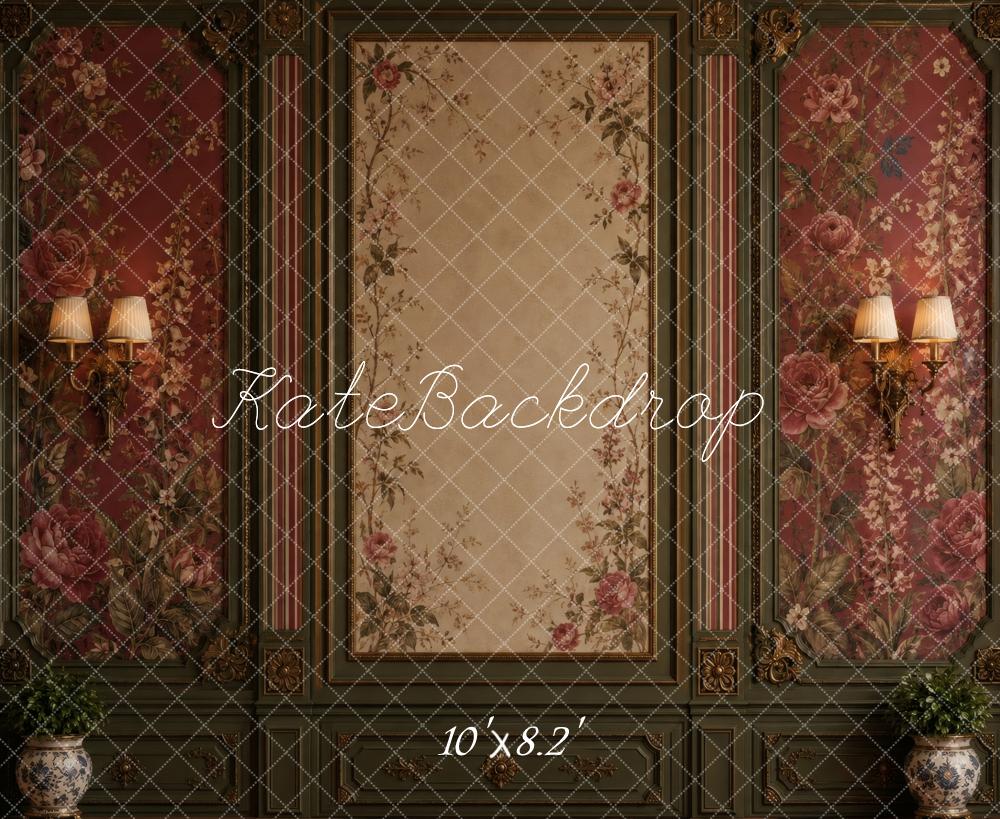 Kate Vintage Floral Wall Victorian Floral Rose Burgundy Printed Backdrop Designed by Vertigo Productions