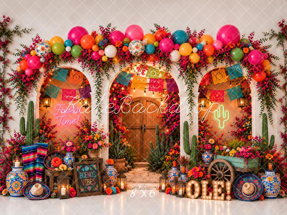 Kate Birthday Mexican Fiesta Flower Arch Cactus Balloons Papel Picado Printed Backdrop Designed by Ashley Paul