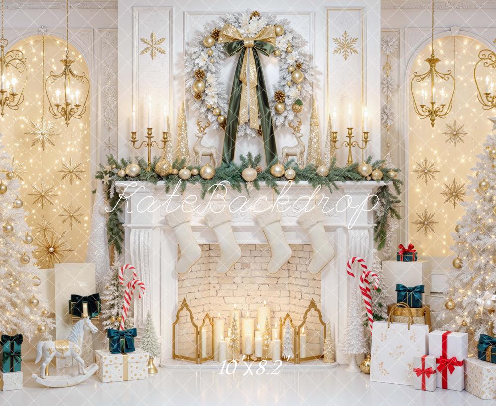 Kate Christmas White Gold Fireplace Wreath Trees Candlestick Printed Backdrop Designed by Mini MakeBelieve
