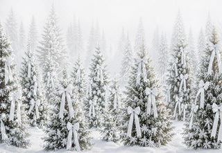 Kate Christmas Snowy Pine Trees White Bows Printed Backdrop Designed by Emetselch