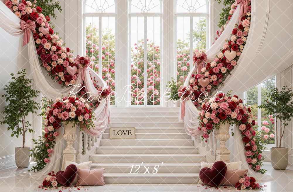Kate Valentine's Day Cascading Stairs Roses Drapes Arched Windows Printed Backdrop Designed by Emetselch
