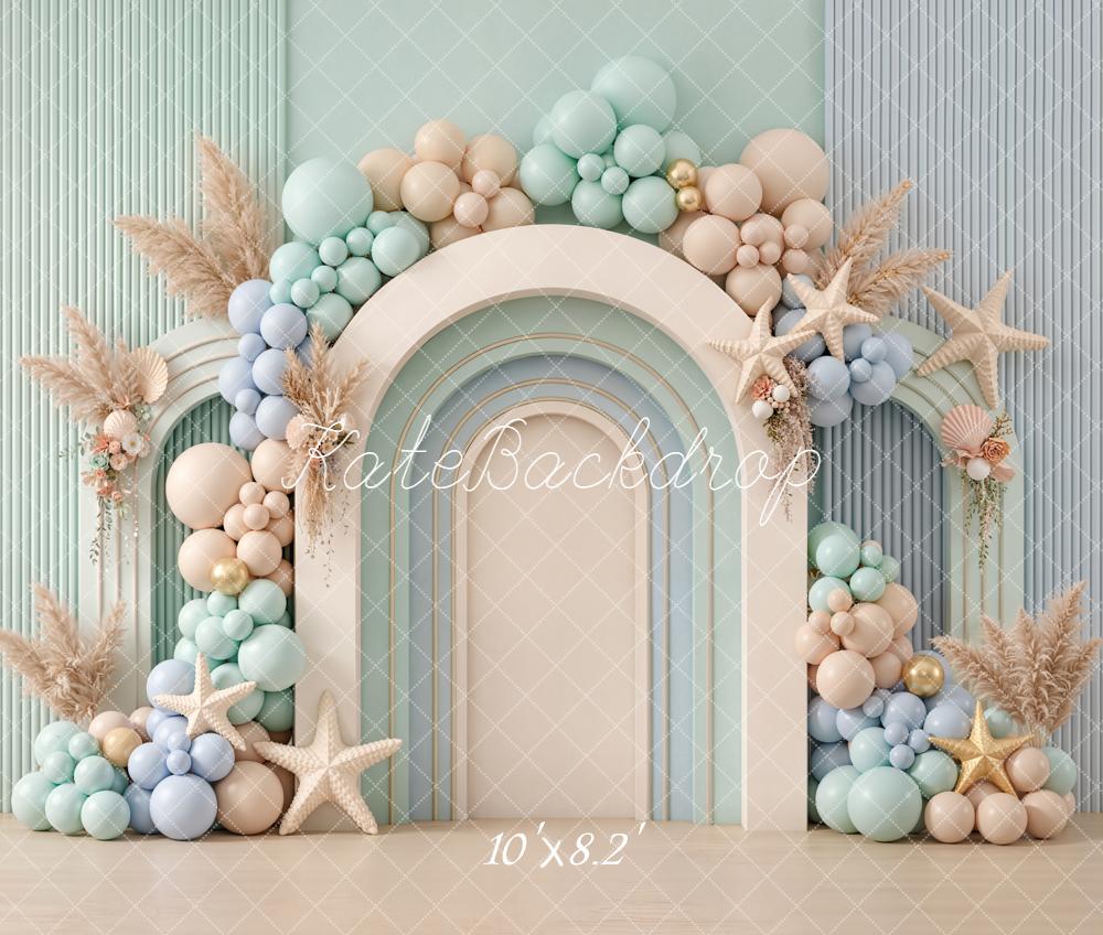 Kate Summer Cake Smash Arch Balloons Starfish Pampas Grass Pastel Printed Backdrop Designed by Emetselch