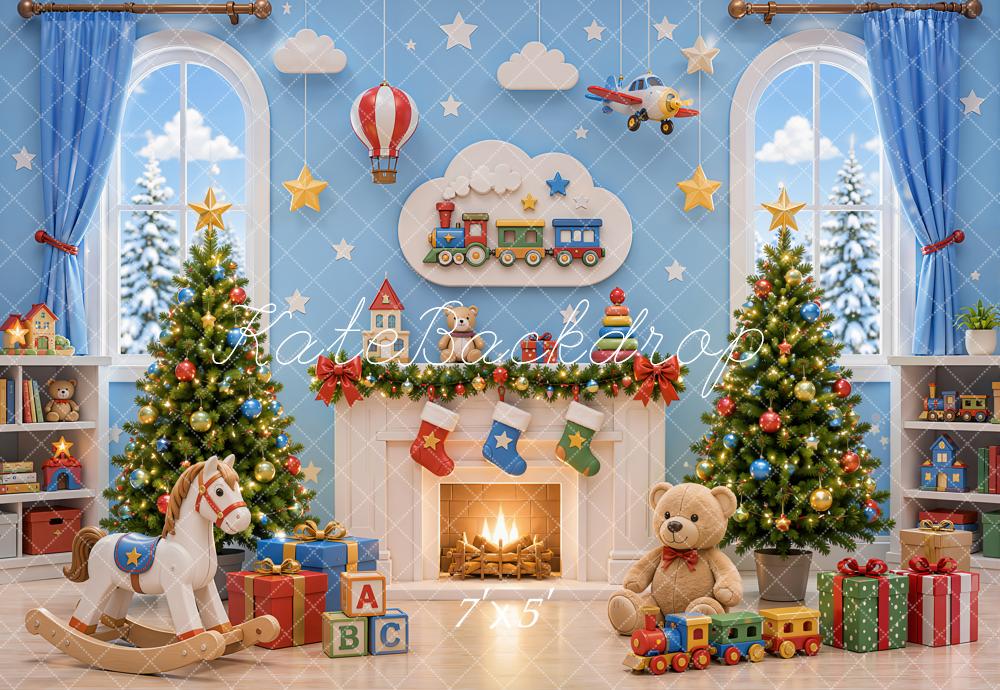 Kate Christmas Toy Room Fireplace Trees Train Rocking Horse Teddy Bear Printed Backdrop Designed by Emetselch