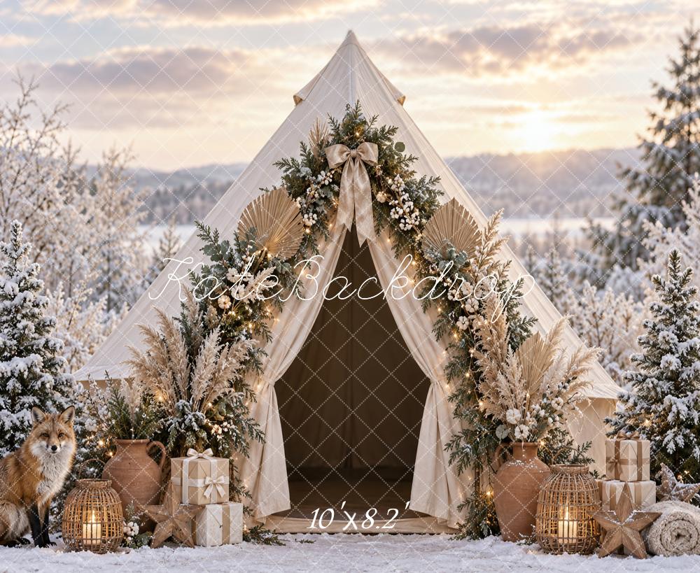 Kate Christmas Boho Tent Snowy Forest Fox Printed Backdrop Designed by Vertigo Productions
