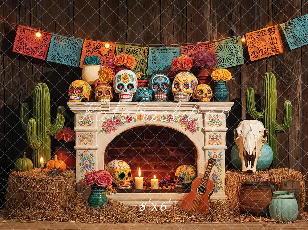 Kate Day Of The Dead Fireplace Skulls Guitar Cactus Papel Picado Backdrop Designed by Emetselch