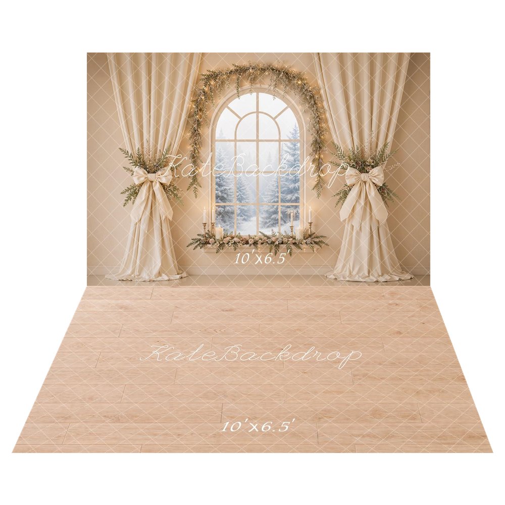 Kate Christmas Floral Window Arch Drapes Printed Backdrop+Light Wood Floor Printed Backdrop