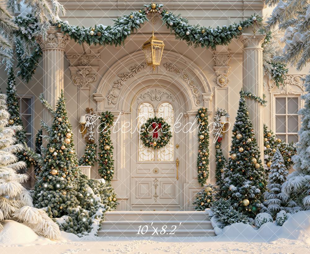 Kate Christmas Tree Snowy Mansion Door Backdrop Designed by Emetselch