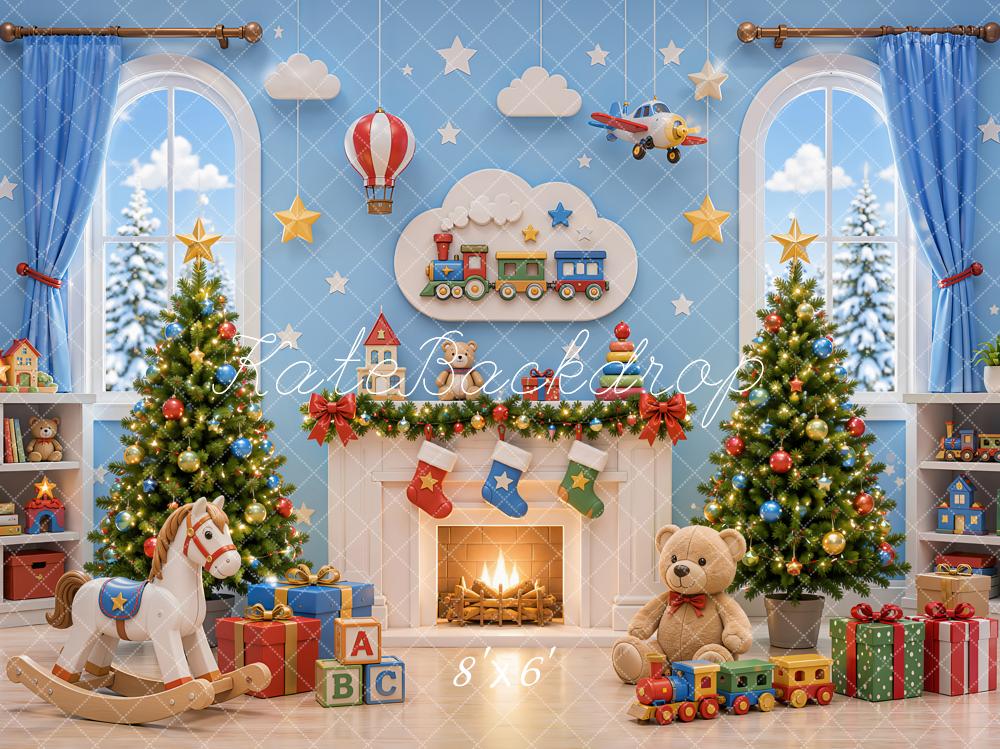 Kate Christmas Toy Room Fireplace Trees Train Rocking Horse Teddy Bear Printed Backdrop Designed by Emetselch