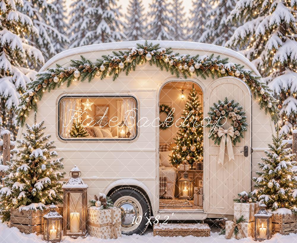 Kate Christmas Snowy White Camper Garland Gifts Forest Printed Backdrop Designed by Emetselch