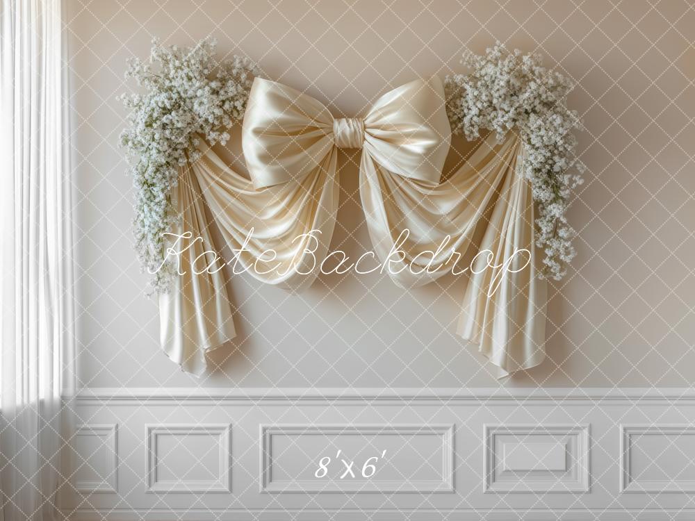 Kate Elegant Bow Floral White Wall Backdrop Designed by Mini MakeBelieve