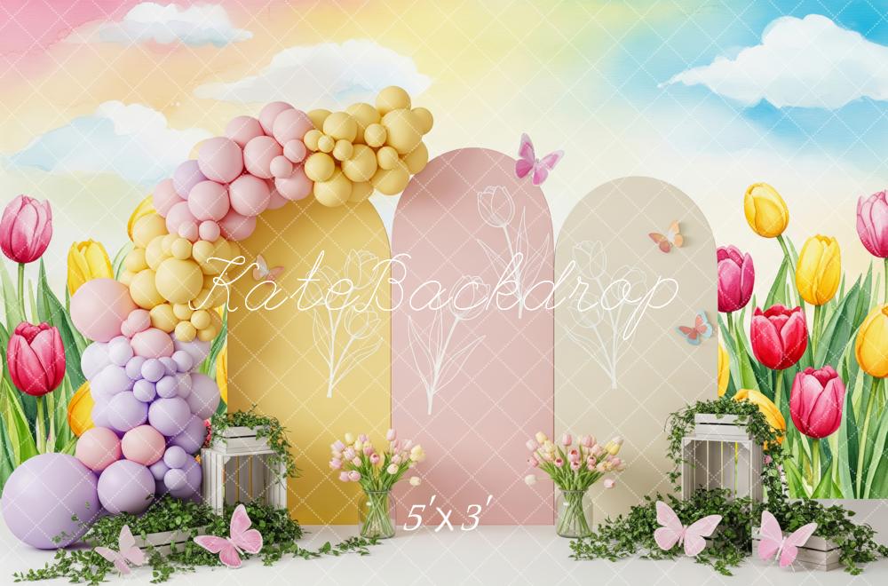Kate Spring Tulips Balloons Arch Butterfly Backdrop Backdrop Designed by Patty Roberts