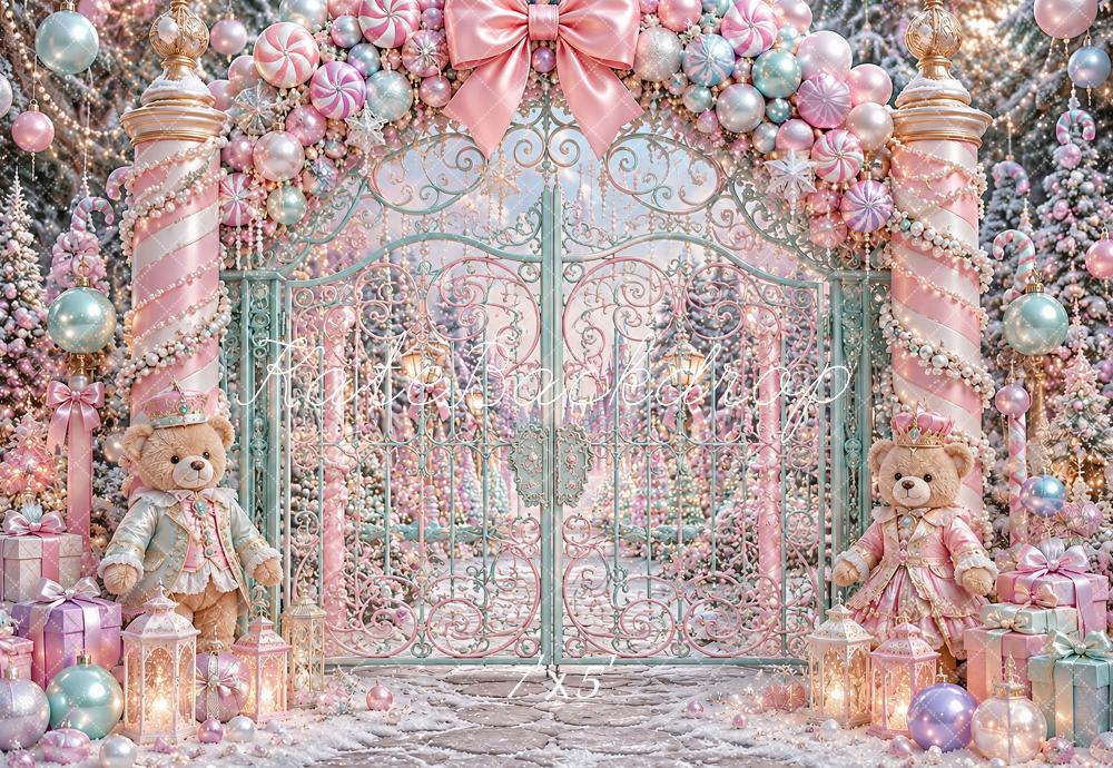 Kate Christmas Pink Candy Cane Gate Teddy Bears Kids Printed Backdrop Designed by Ashley Paul