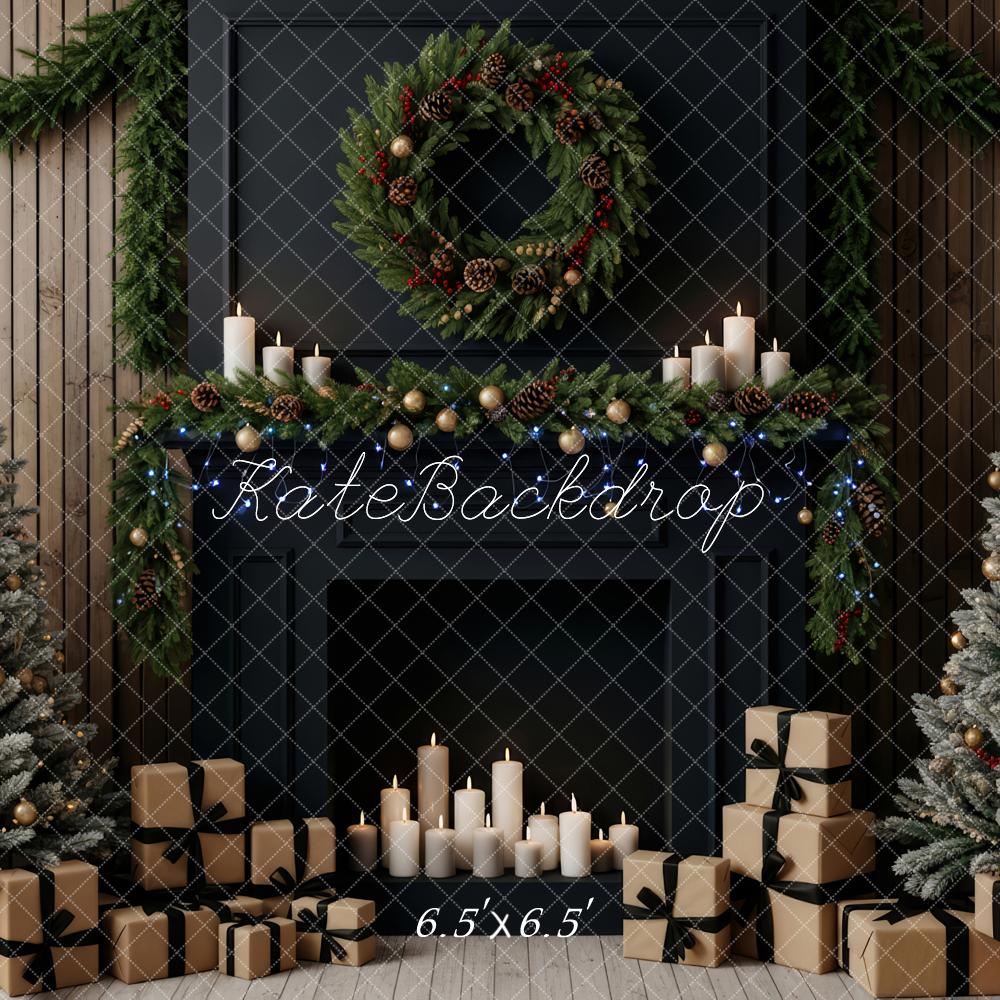 Kate Christmas Fireplace Garland Wreath Frosted Trees Backdrop Designed by Patty Roberts
