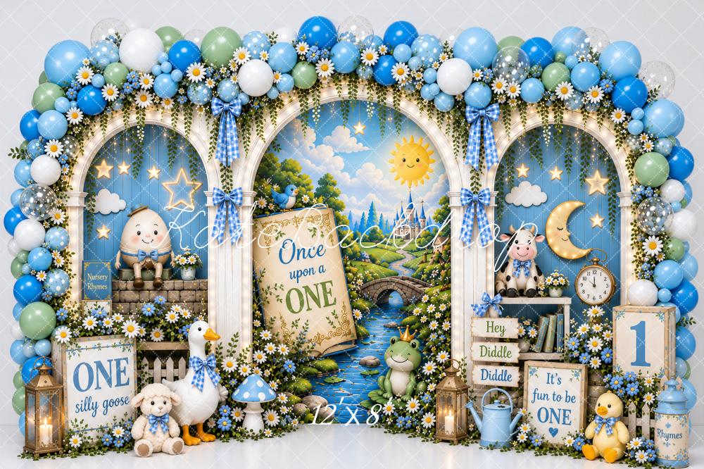 Kate 1st Birthday Nursery Storybook Balloon Arch Goose Blue Printed Backdrop Designed by Ashley Paul