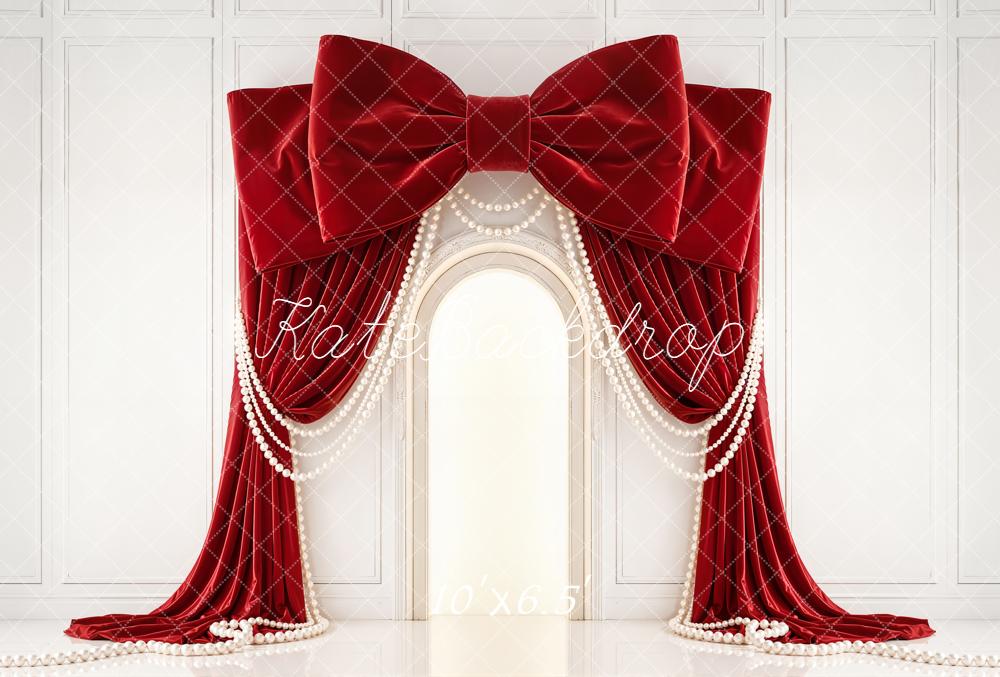 Kate Red Bow Drapes Pearls Arch Wall Backdrop Designed by Emetselch