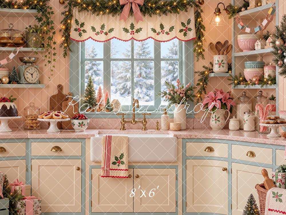 Kate Christmas Kitchen Pink White Garland Baking Printed Backdrop Designed by Shutter Swan Studios